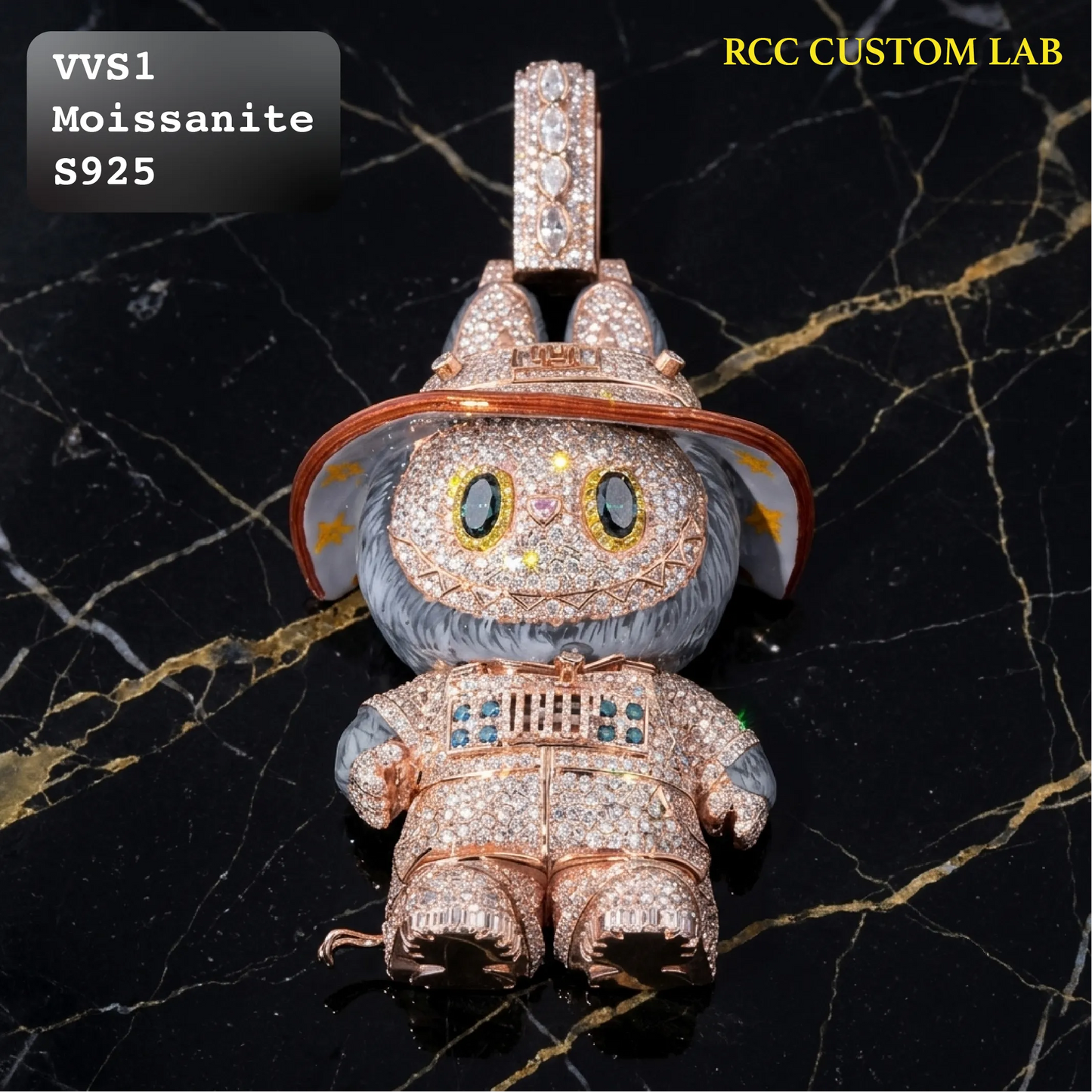 Iced Out Custom Cat Astronaut Figure Moissanite Rose Gold Pendant【R267】