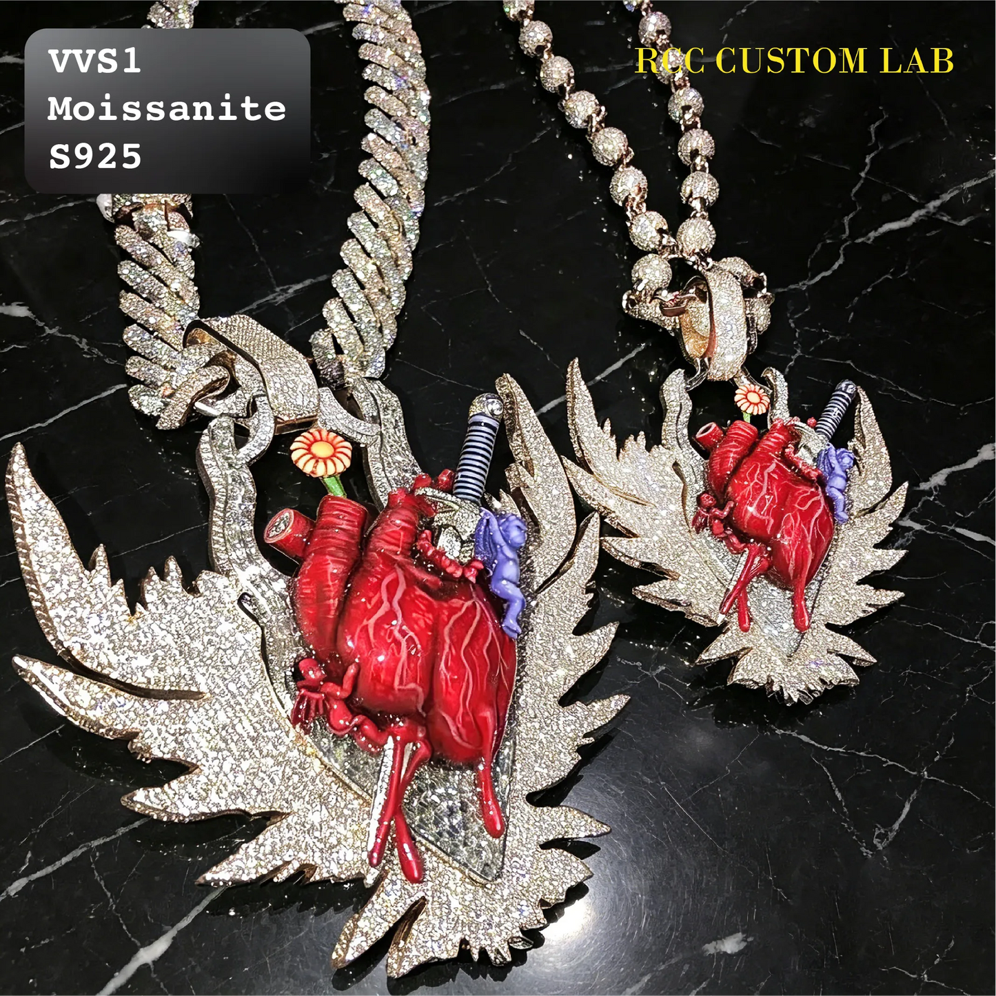 Iced Out Moissanite Winged Anatomical Heart Pendant【R101】