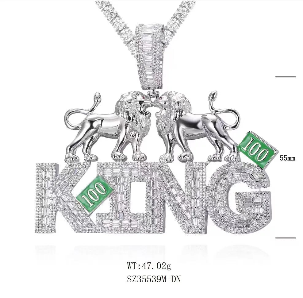 Iced Out KING Plaque Moissanite Pendant with Lions【A269】