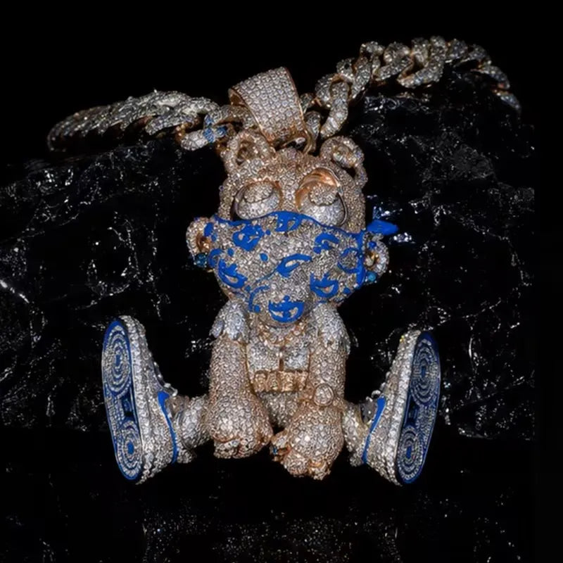 Iced Out Custom Bandana Bear Figure Moissanite Rose Gold Pendant【R268】
