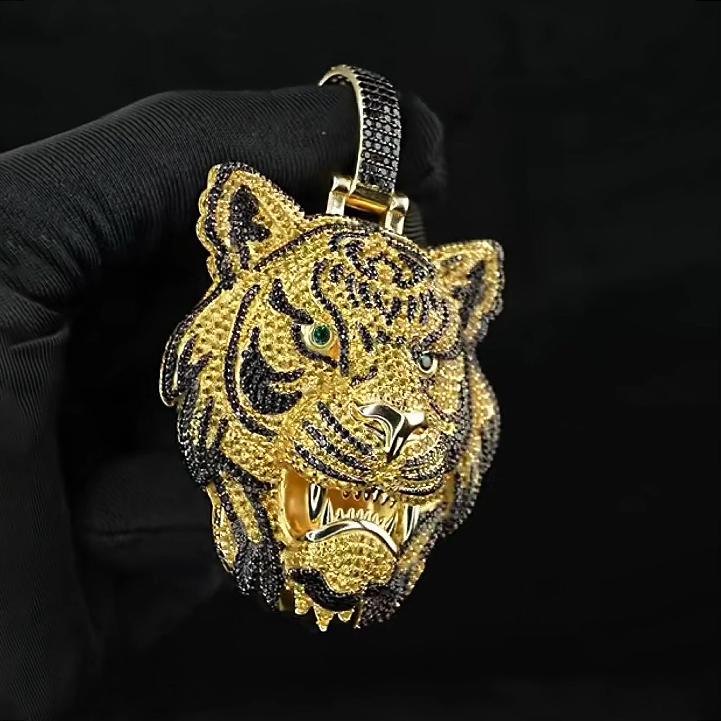 Iced Out Tiger Head Pendant Gold Black【A236】
