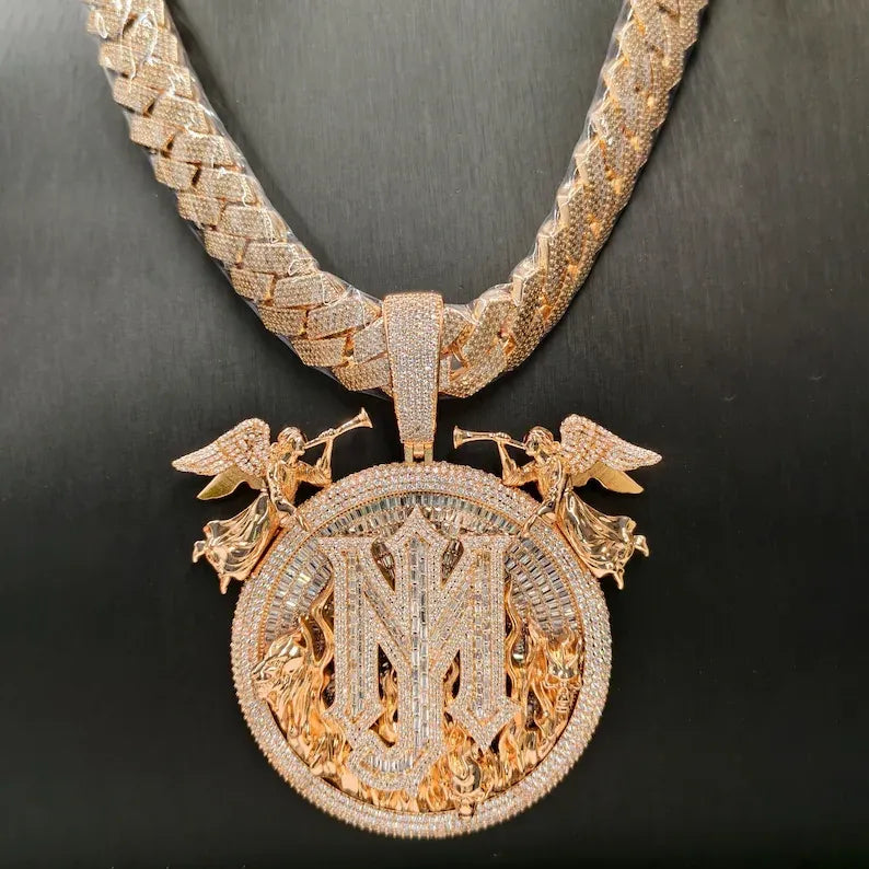 Iced Out Rose Gold Custom Initial NM Angels Hip Hop Pendant【R203】