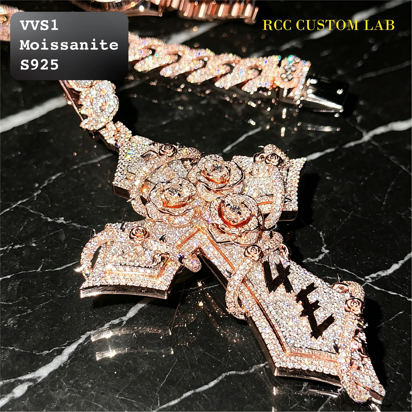 Iced Out Moissanite Rose Cross Pendant【R109】