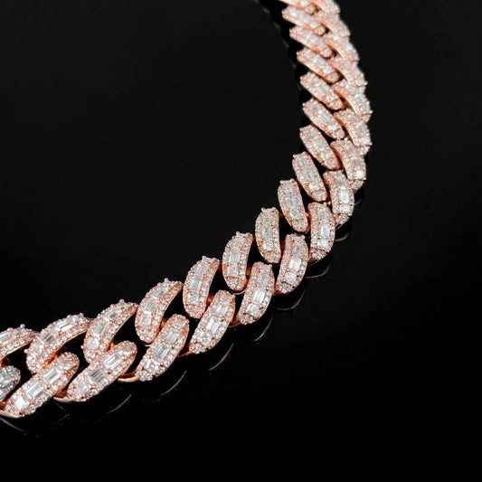 22mm Rose Gold VVS Moissanite Baguette Cuban Chain 24"【A116】
