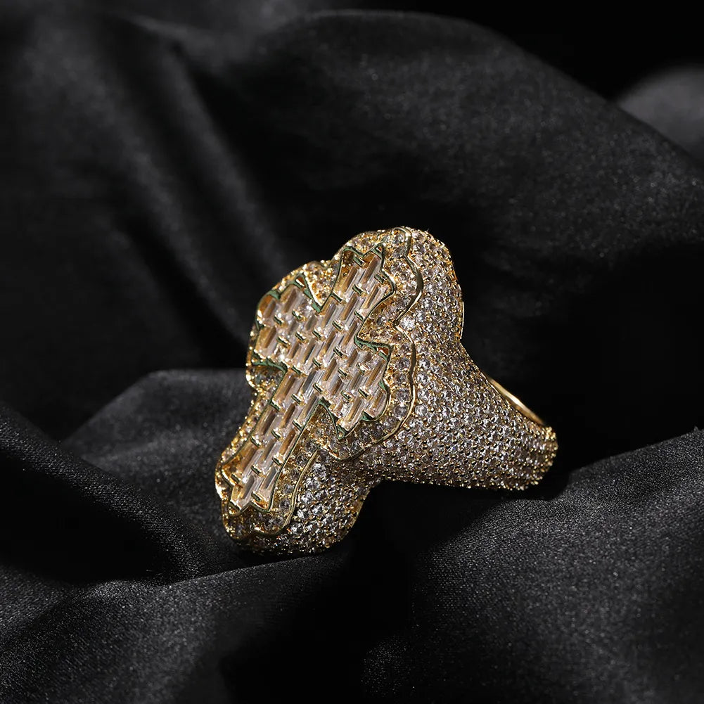 Moissanite Iced Out Baguette Holy Cross Statement Ring Gold Silver【A407】