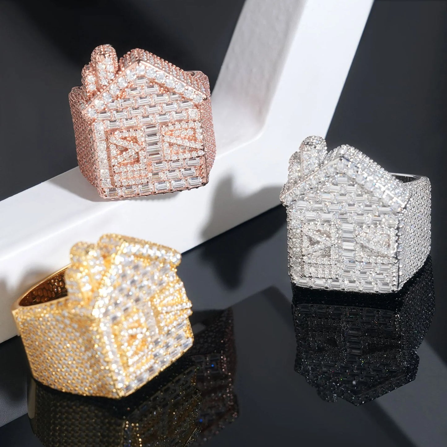 Moissanite Iced Out Baguette Trap House Statement Ring Tri-Color【A402】