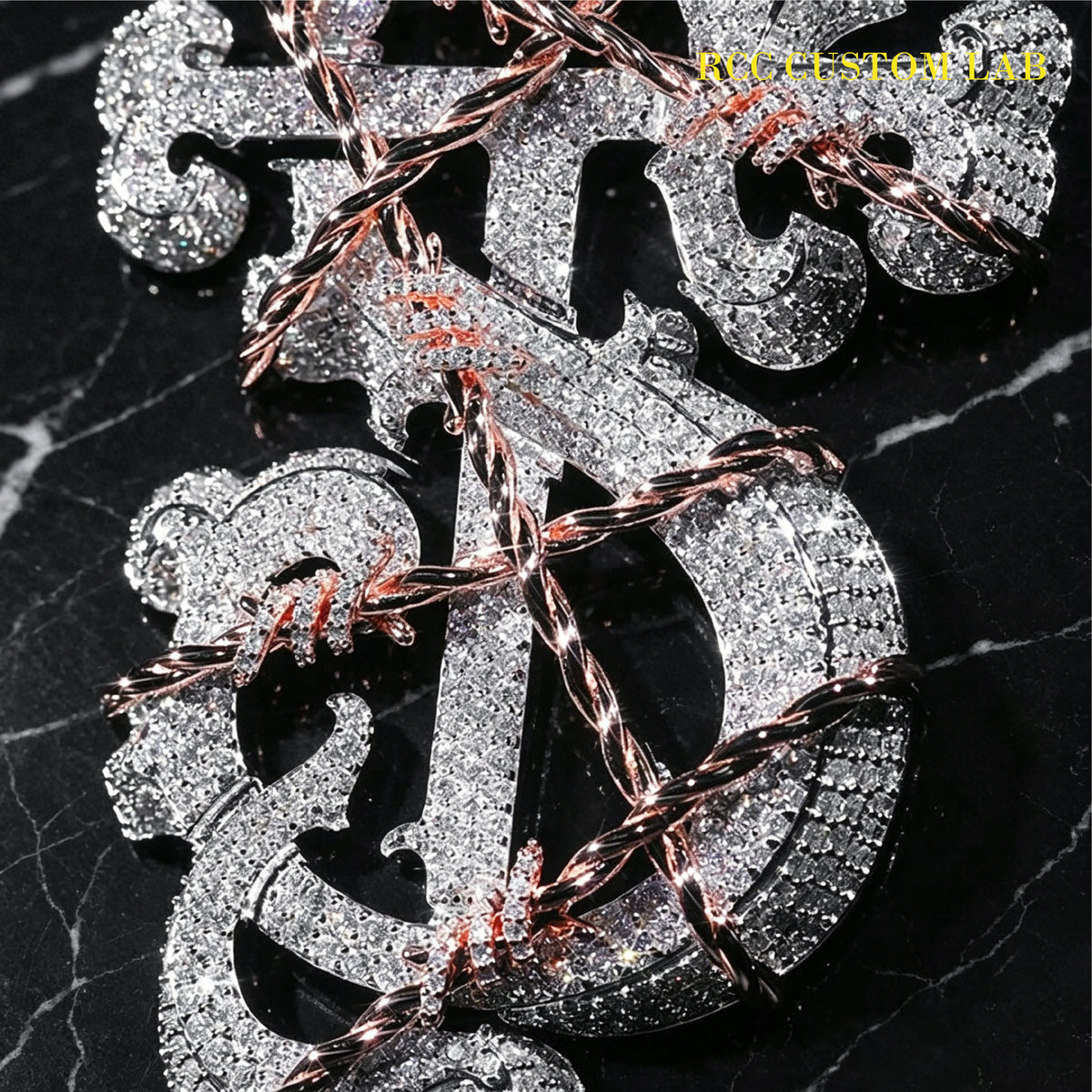 Close-up of a diamond-encrusted anchor pendant with 'Ric Custom Lab' branding.