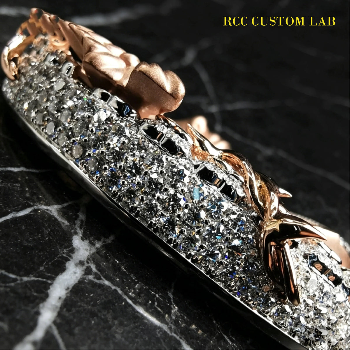 Extreme close-up of two tone portrait medallion pendant, featuring rose gold 3D dove sculpture, heart shaped gemstones and dense micro pave moissanite background, luxury custom hip hop jewelry detail shot