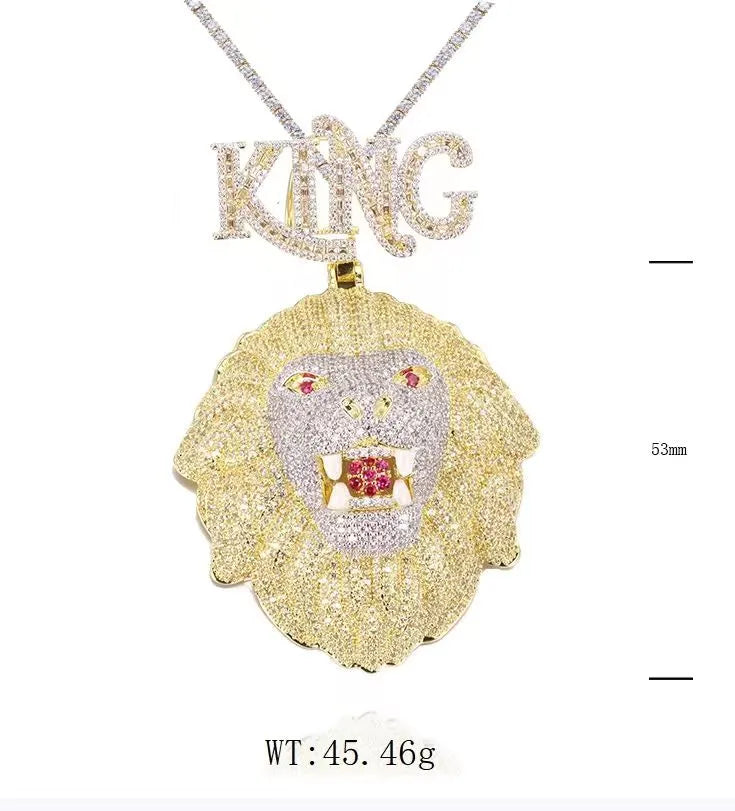 Size and weight dimension chart of iced KING lion head pendant, marked with 53mm height and 45.46g weight, fully paved moissanite hip hop jewelry displayed on plain white background