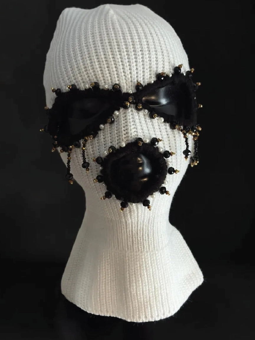 Women Luxury Beaded White Knitted Balaclava Crystal Tassel Mask【M109】