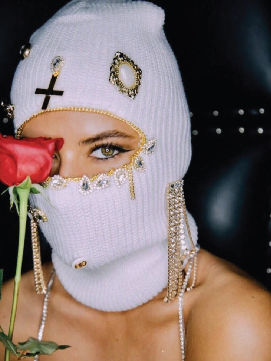 Women Luxury Baroque White Balaclava Crystal Fringe Ski Mask【M112】