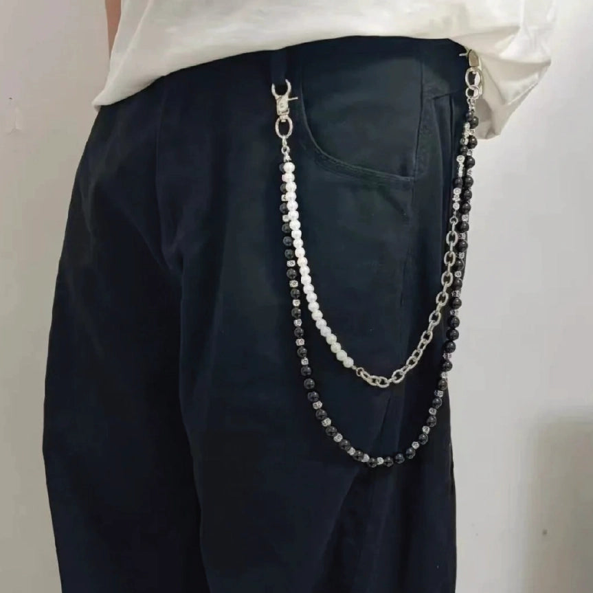 Layered Pearl Bead Metal Link Hip Hop Wallet Chain【M208】