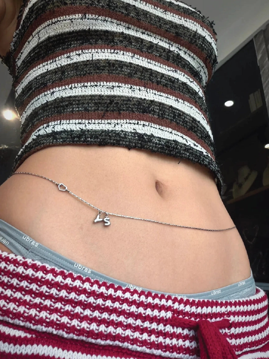 Women Dainty Silver Initial Letter Heart Belly Chain【M311】