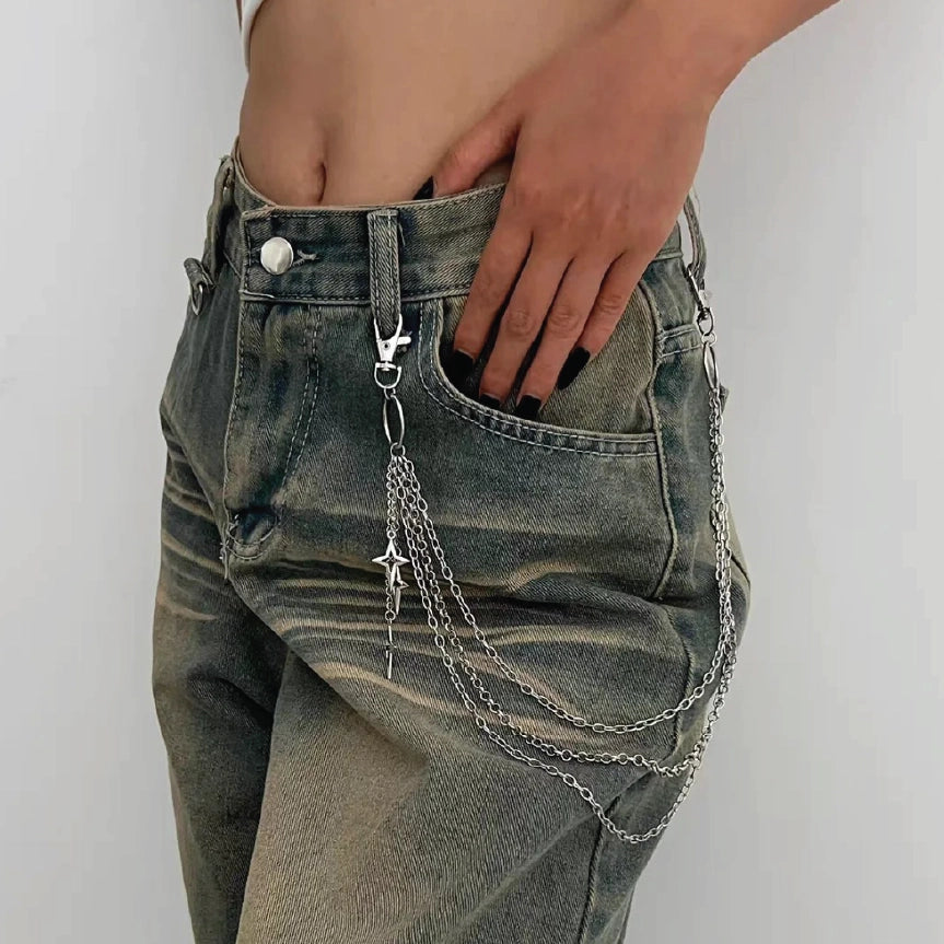 Women Layered Star Charm Hip Hop Wallet Chain Silver【M217】