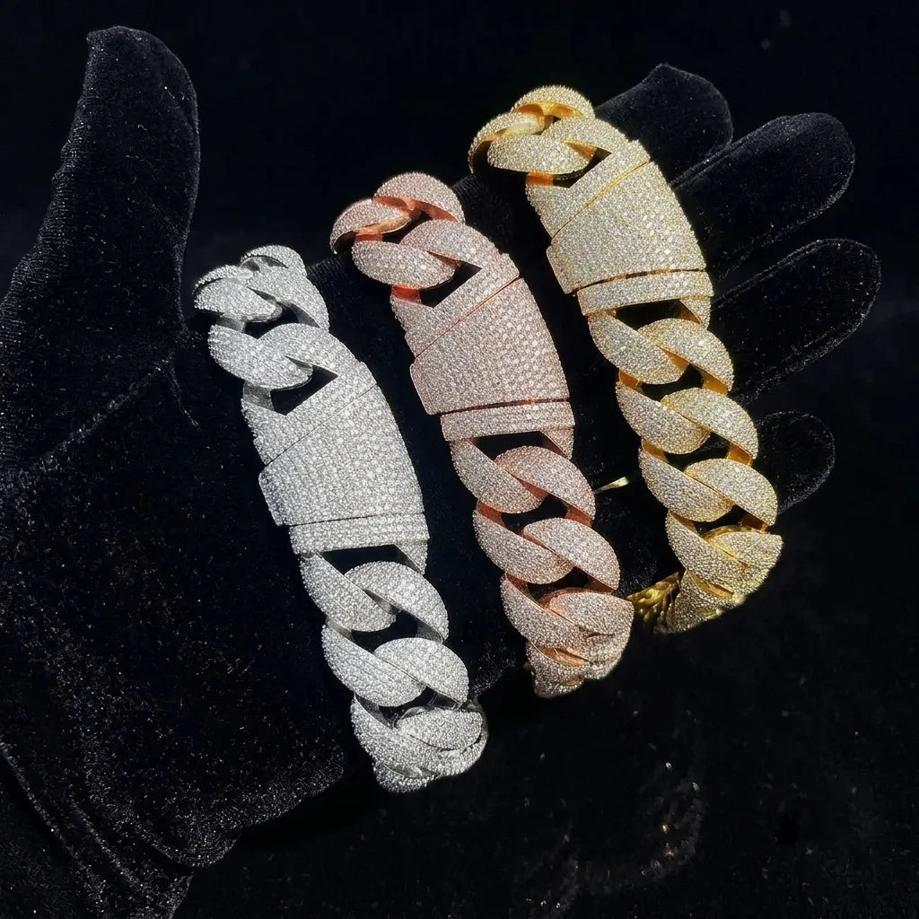 Front view of three tone fully iced cuban link necklace, showcasing full stone box clasp and thick pave links, hip hop jewelry color options showcase