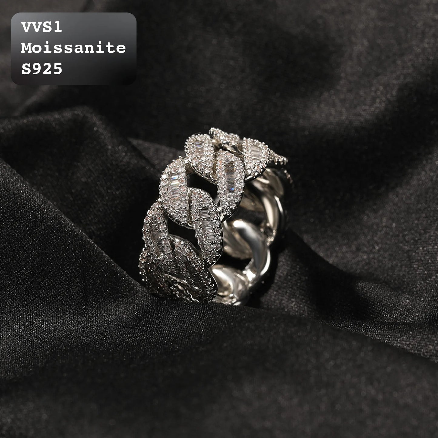 Moissanite Iced Out Baguette Cuban Link Ring【A410】