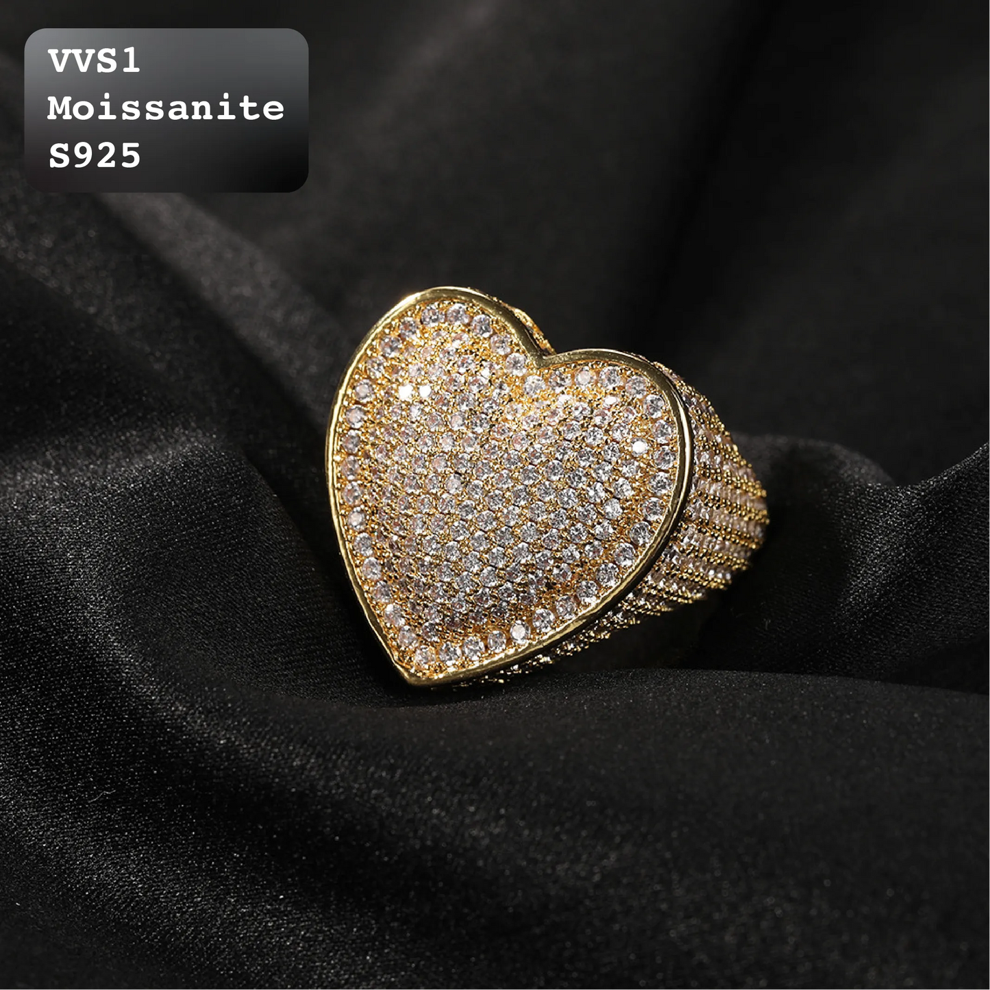 Moissanite Iced Out 3D Big Heart Statement Ring Gold Silver【A411】