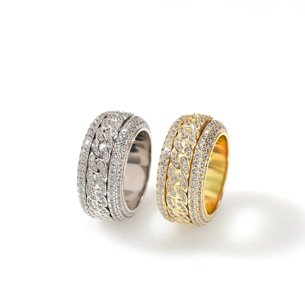 Moissanite Iced Out Multi Row Spinner Cuban Ring Gold Silver【A408】
