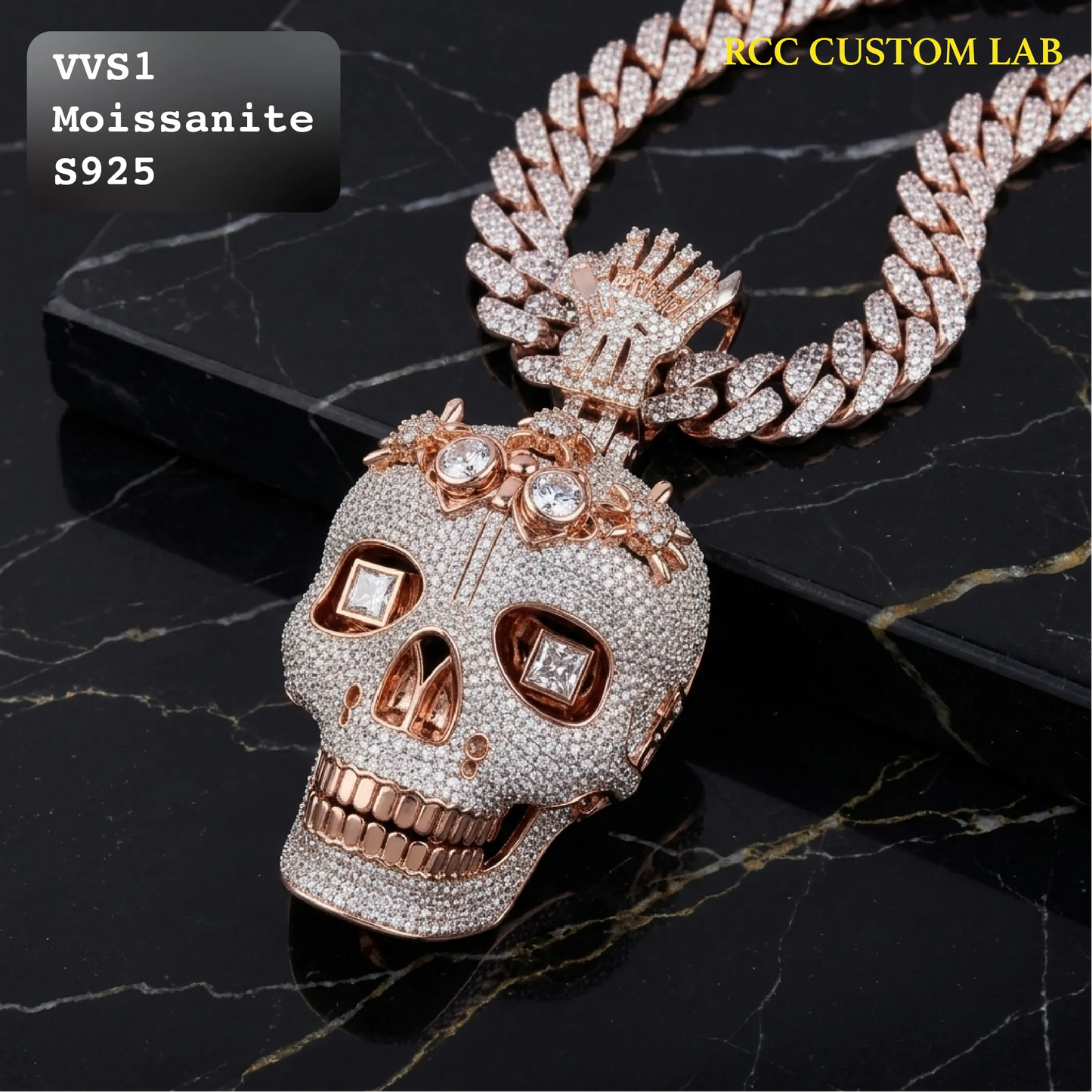Iced Out Crown Skull Moissanite Hip Hop Pendant Rose Gold【R283】