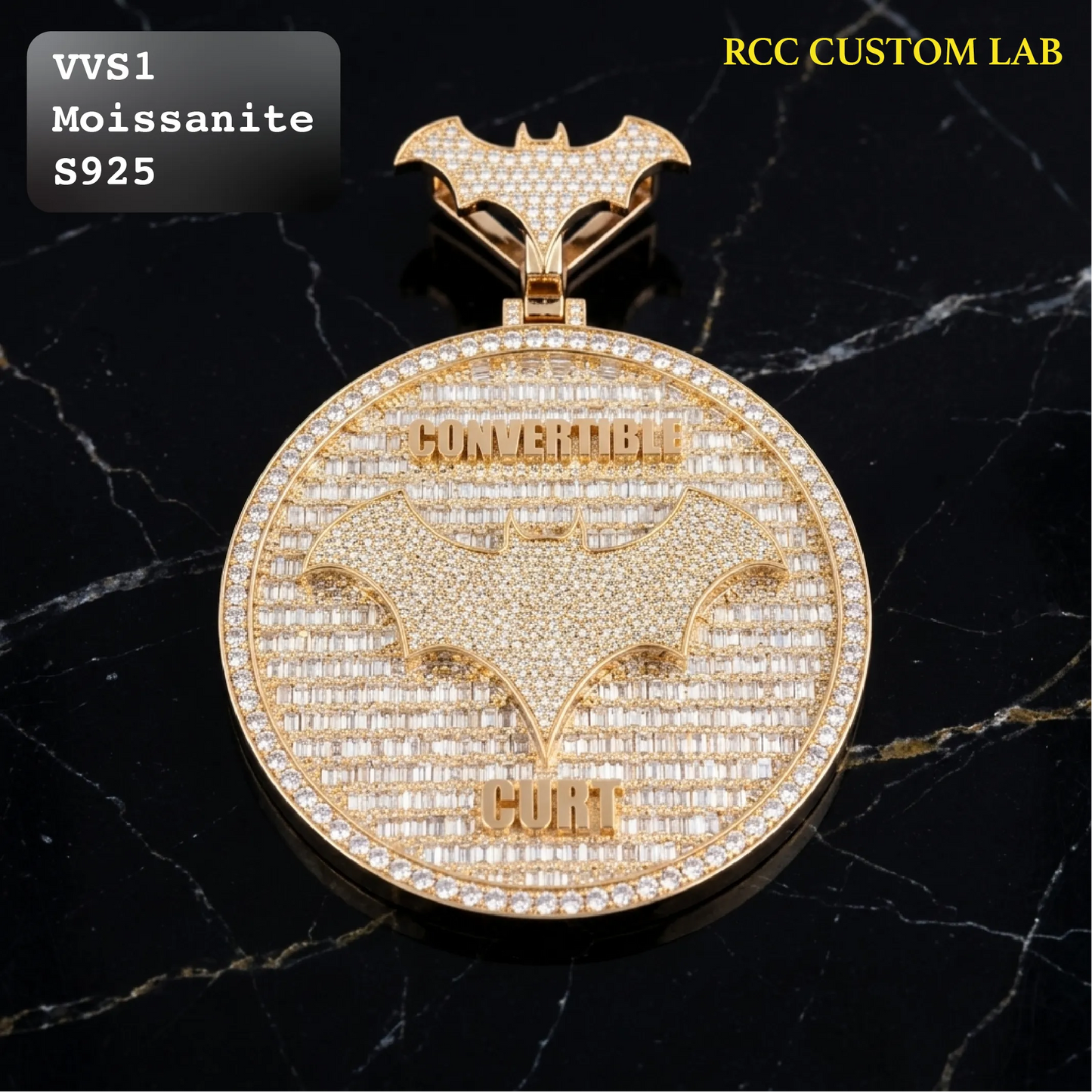 Iced Out Batman Convertible Curt Moissanite Pendant in Yellow Gold【R280】
