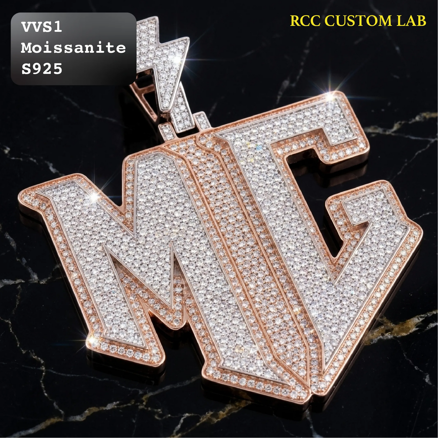 Iced Out Lightning Bolt MC Moissanite Pendant in Rose Gold【R281】