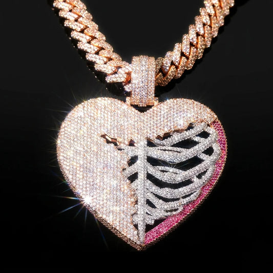 Iced Out Rib Cage Heart Statement Pendant Rose Gold【A244】