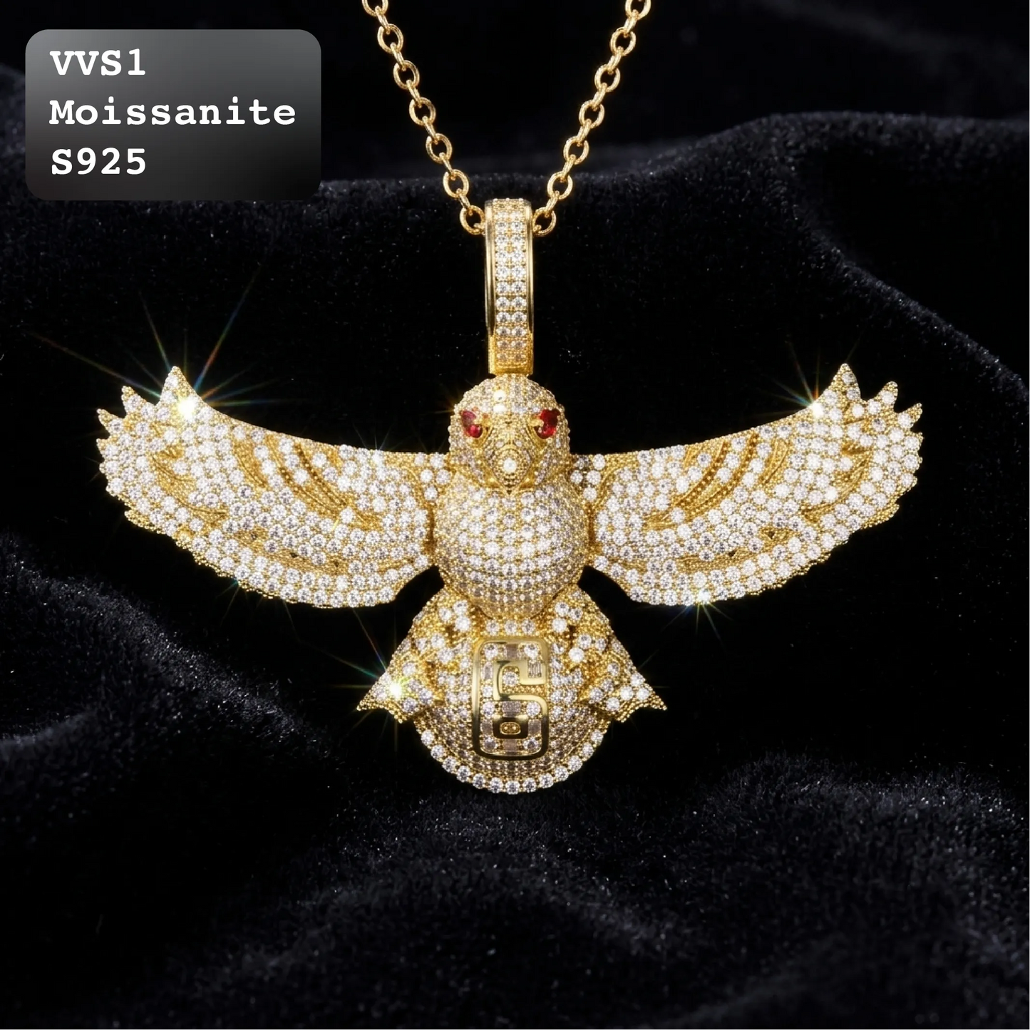 Iced Out Eagle Moissanite Hip Hop Pendant in Yellow Gold【A279】