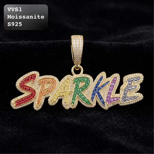 Iced Out SPARKLE Rainbow Script Moissanite Hip Hop Pendant【A287】