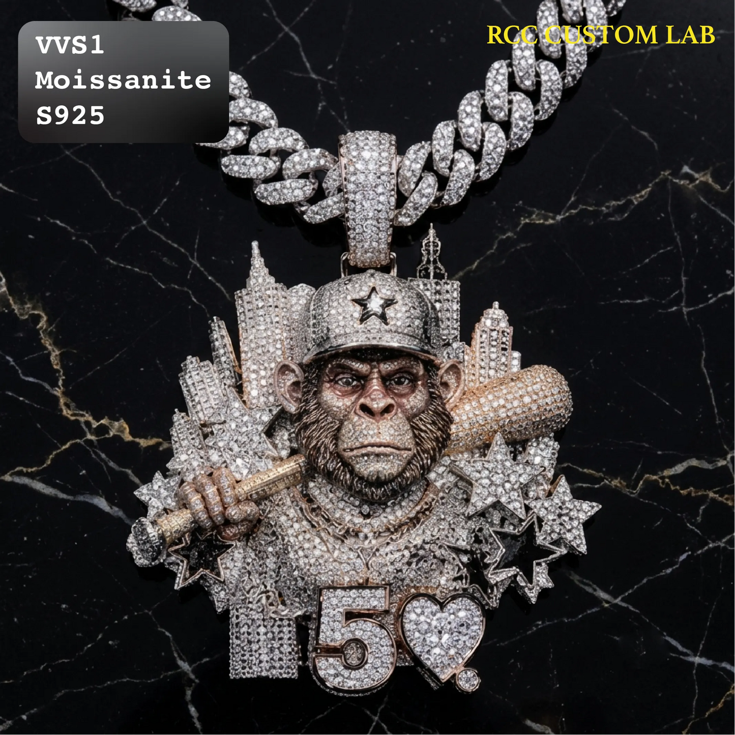 Iced Out Custom Baseball Chimp Skyline Moissanite Hip Hop Pendant【R266】