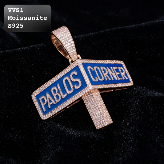 Iced Out PABLOS CORNER Street Sign Moissanite Pendant in Rose Gold【A296】