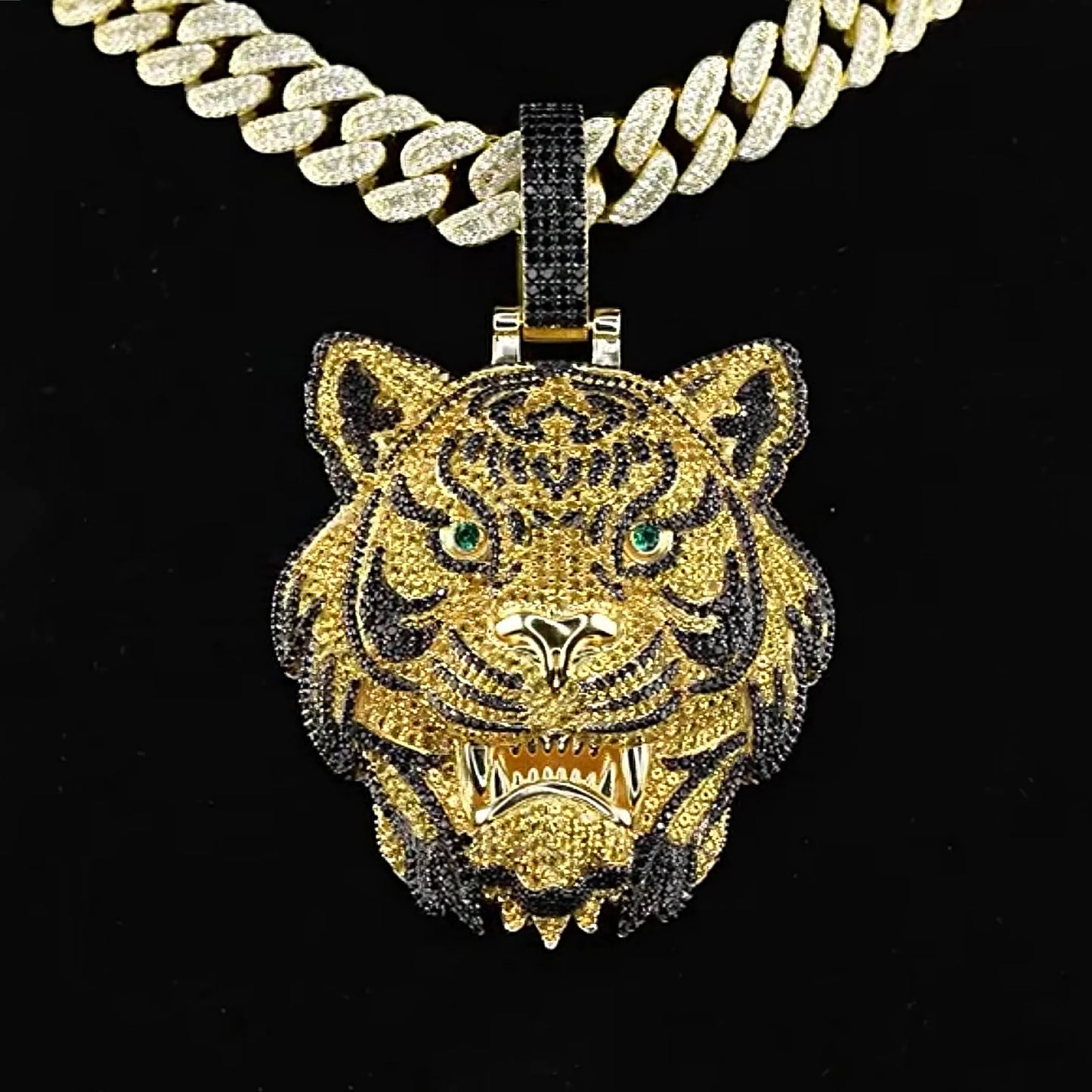 Iced Out Tiger Head Pendant Gold Black【A236】