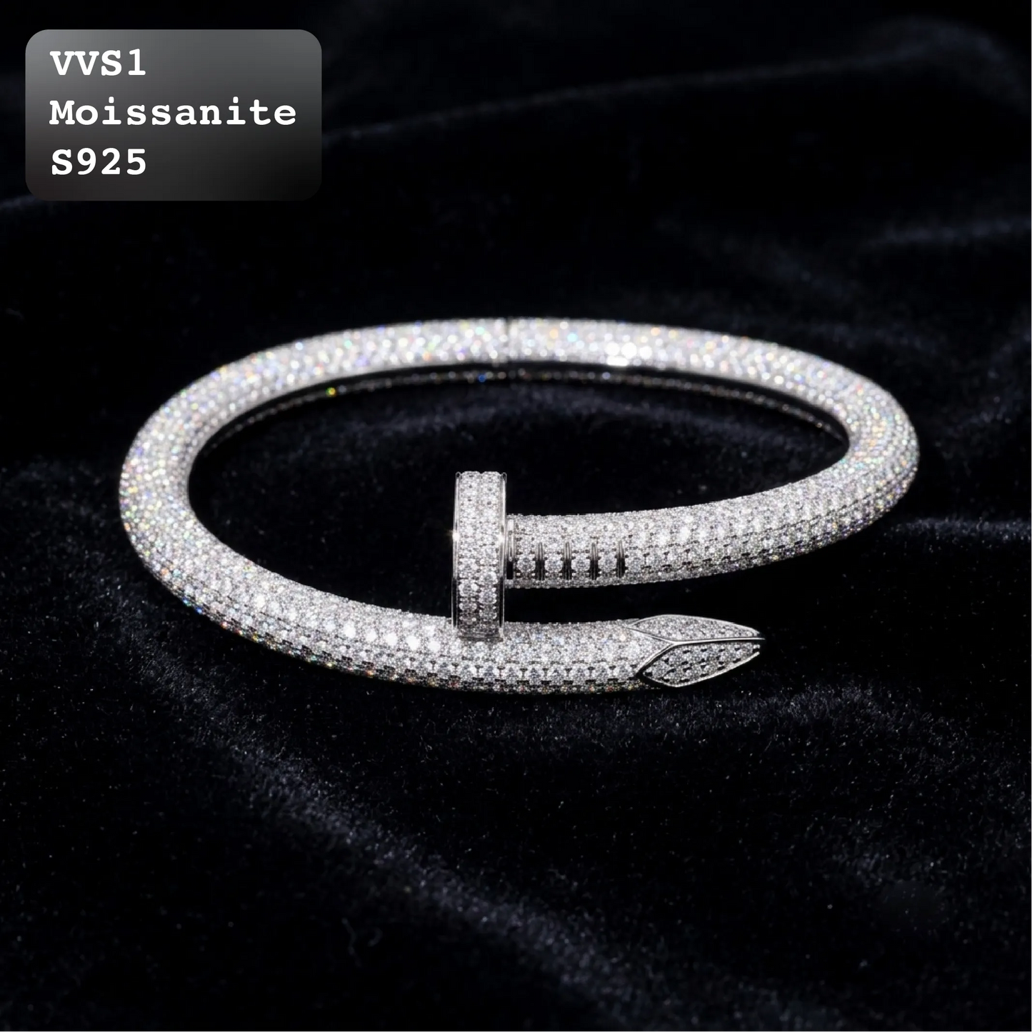 Iced Out Nail Moissanite Bangle Bracelet in White Gold【A297】