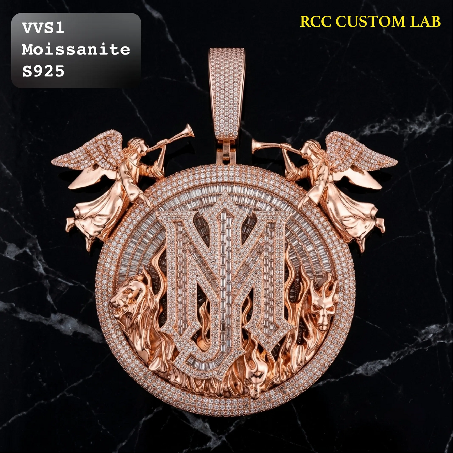Iced Out Rose Gold Custom Initial NM Angels Hip Hop Pendant【R203】