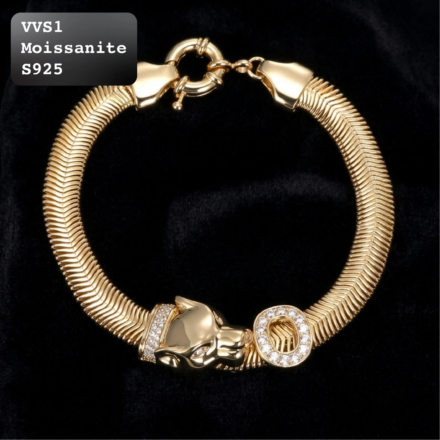 Luxury Panther Head Moissanite Link Bracelet in Yellow Gold【A276】
