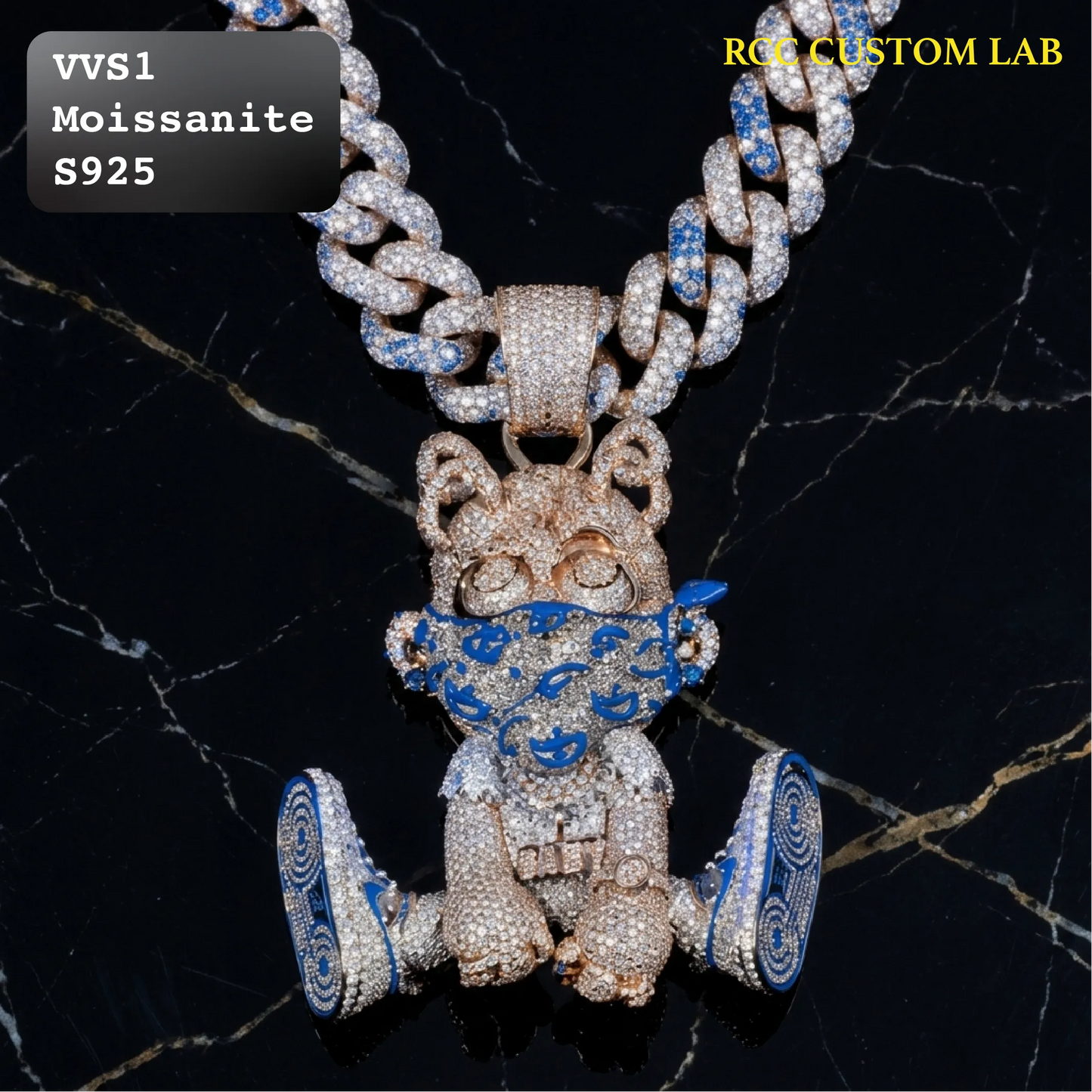Iced Out Custom Bandana Bear Figure Moissanite Rose Gold Pendant【R268】