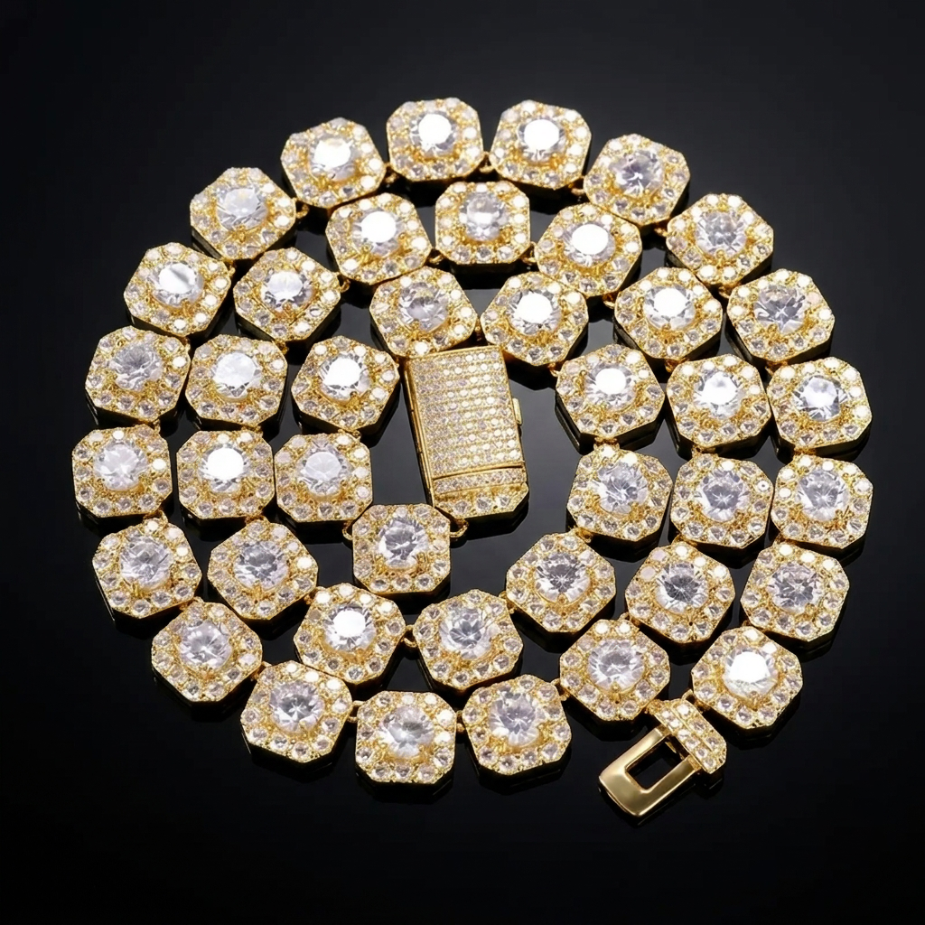 12mm Iced Out Square Cluster Tennis Chain【A126】