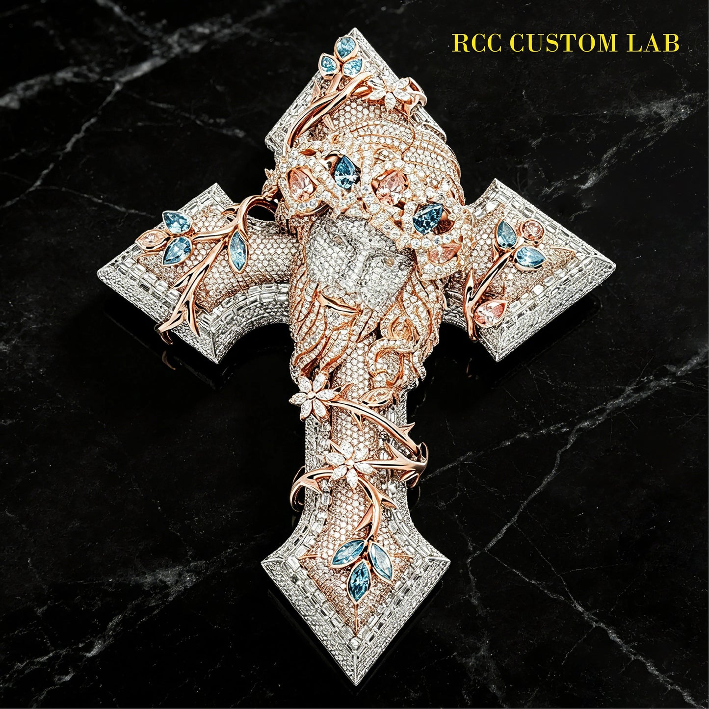 Iced Out Floral Jesus Cross Pendant【R122】