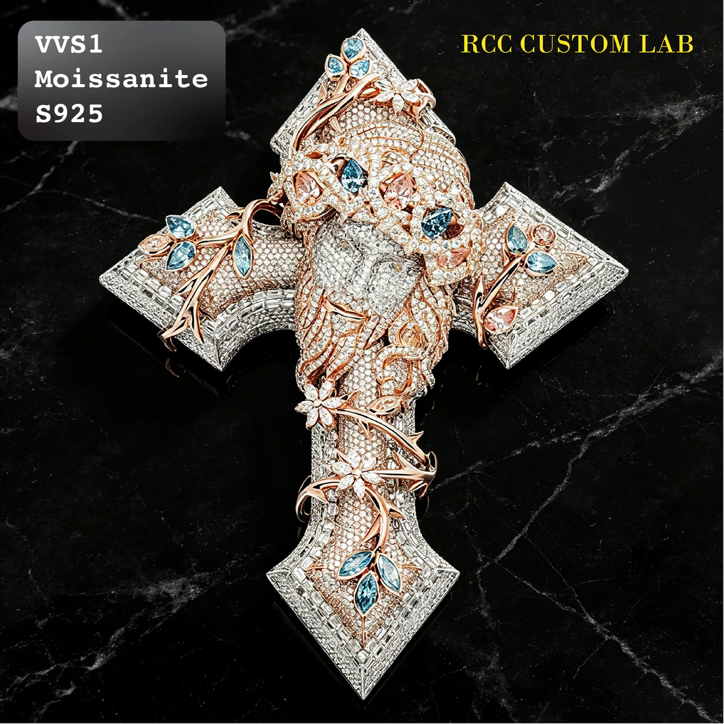 Iced Out Moissanite Floral Jesus Cross Pendant【R122】