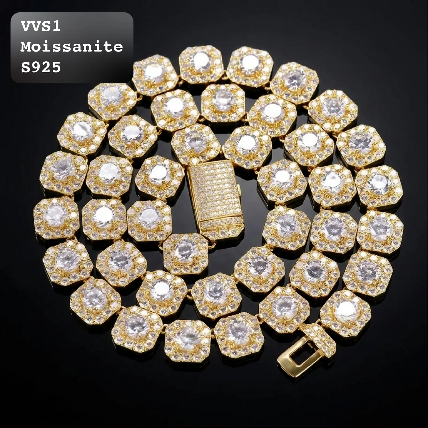 12mm Moissanite Iced Out Square Cluster Tennis Chain【A126】