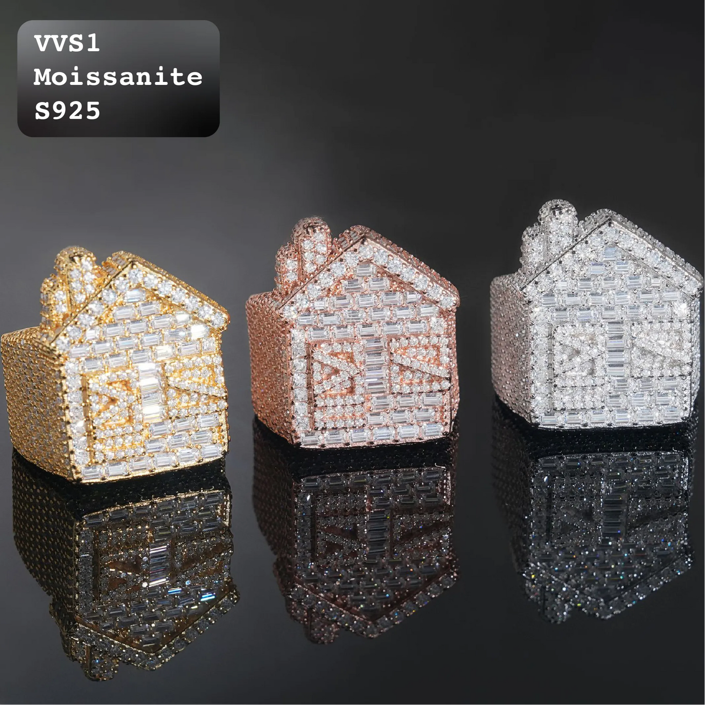 Moissanite Iced Out Baguette Trap House Statement Ring Tri-Color【A402】