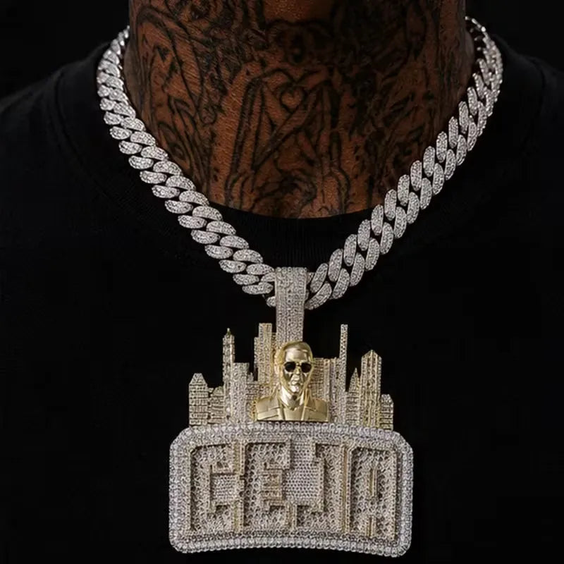 Iced Out City Skyline Portrait Letter Hip Hop Pendant【A259】