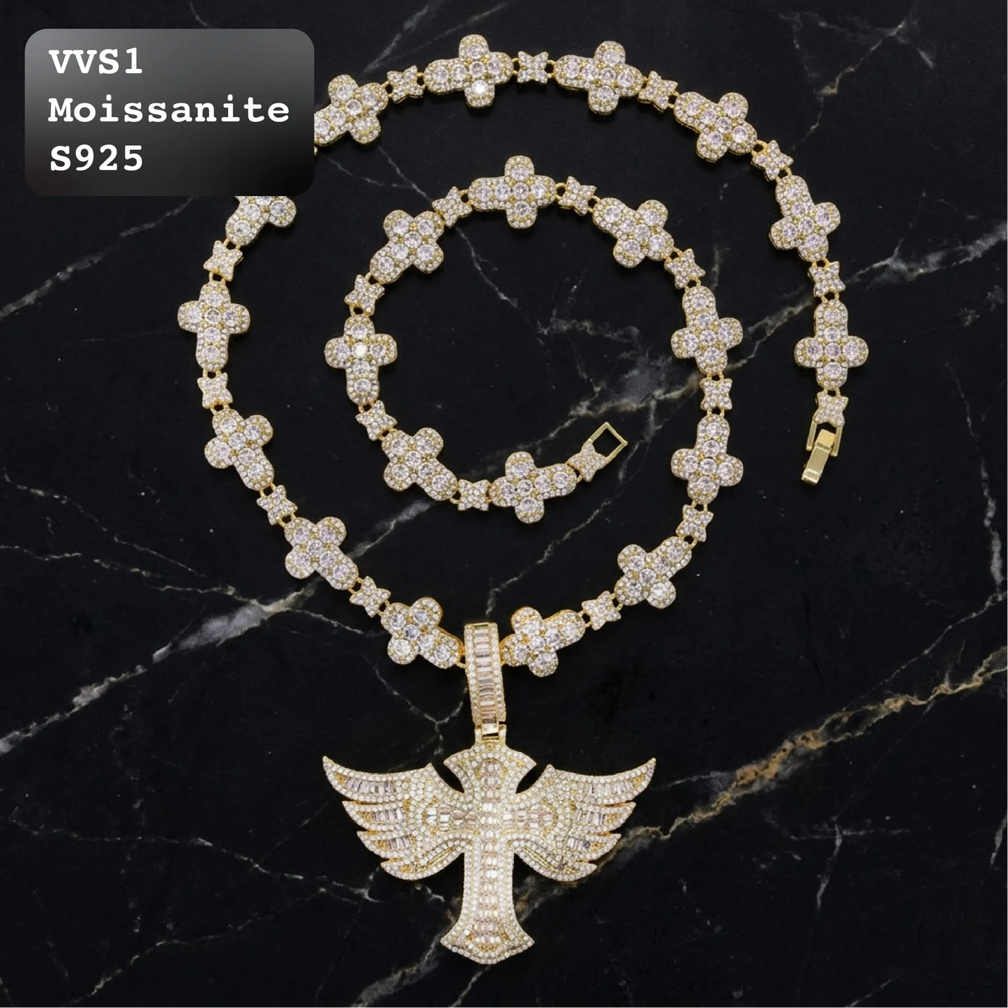 Iced Out Moissanite Winged Cross Pendant And Link Chain Set【B102】