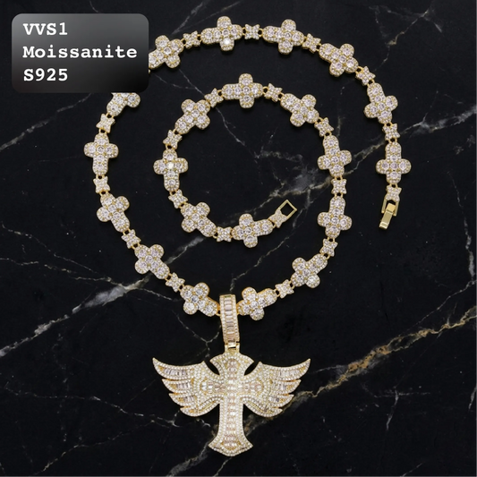 Iced Out Moissanite Winged Cross Pendant And Link Chain Set【B102】