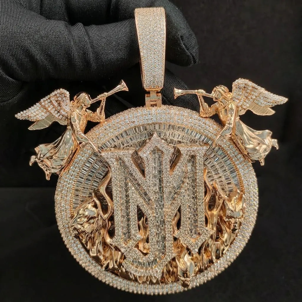 Iced Out Rose Gold Custom Initial NM Angels Hip Hop Pendant【R203】