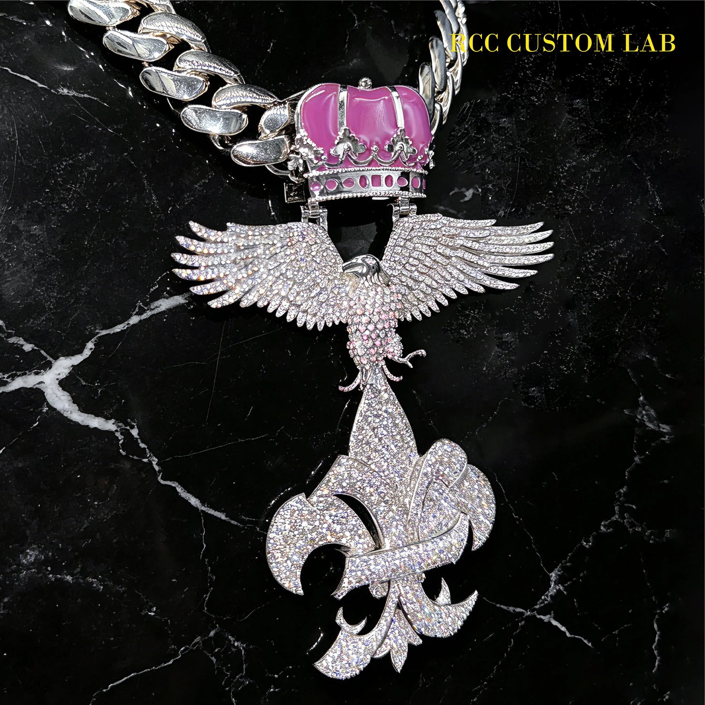 Iced Out Pink Crown & Eagle Fleur-de-Lis Pendant【R103】