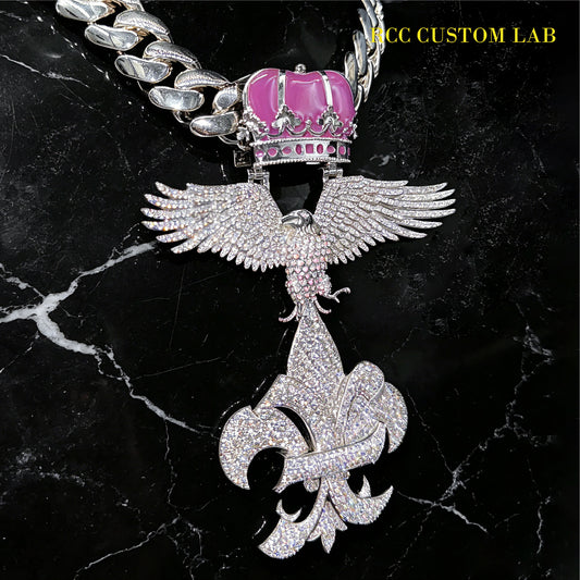 Iced Out Pink Crown & Eagle Fleur-de-Lis Pendant【R103】