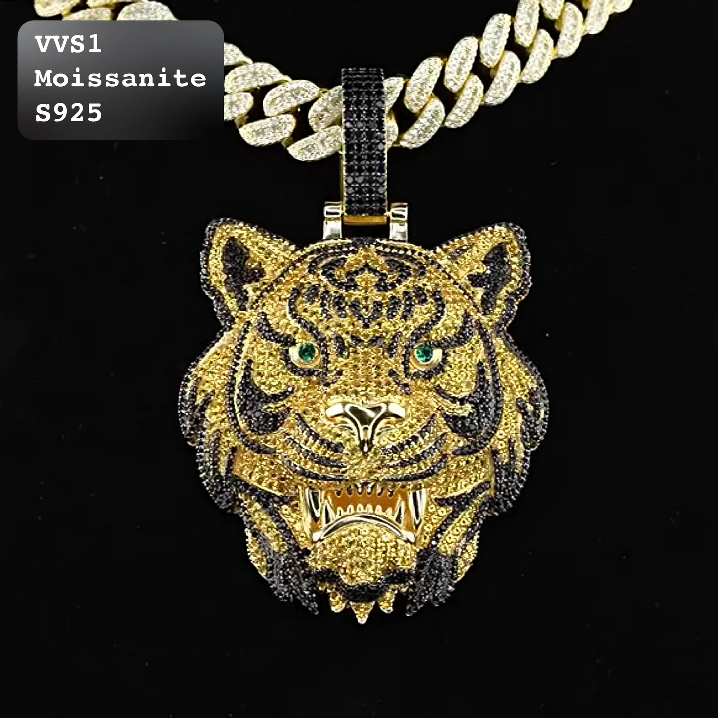 Iced Out Moissanite Tiger Head Pendant Gold Black【A236】