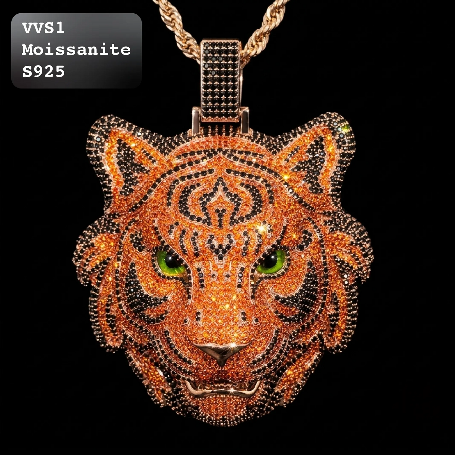 Iced-out Moissanite Tiger Pendant with Yellow and Black Diamonds【A239】