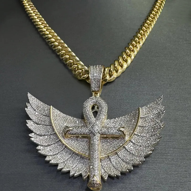 Iced Out Winged Ankh Cross Pendant【A243】