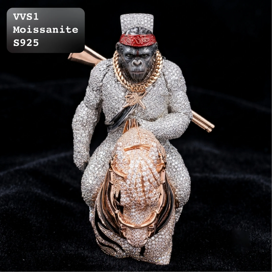 A highly detailed collectible figurine of a chimpanzee wearing a silver-toned suit, gold chain necklace, and a red bandana, riding a horse adorned with pinkish-gold rhinestones. The figurine is set against a black velvet background with a text overlay in the top-left corner reading 'VVS1 Moissanite S925'.